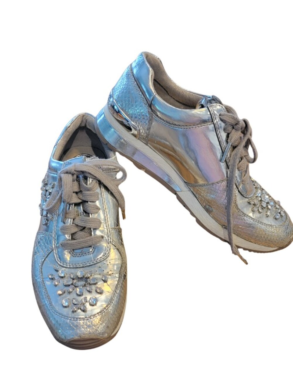 Michael Kors Metallic Silver Allie Wrap Rhinestone Embellished Low Top Sneakers